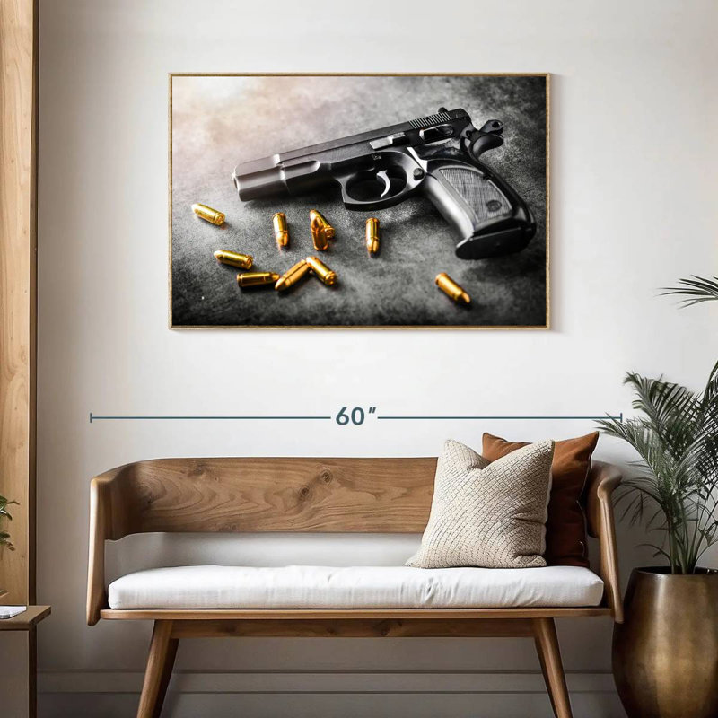 Handgun And Bullets, Floating Frame Natural Wood, 43" X 29"