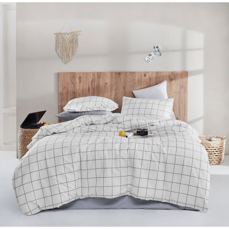 Ensemble de housse de couette 100% coton blanc / gris Flerida, Housse de couette très grand + 2 taies d'oreiller
