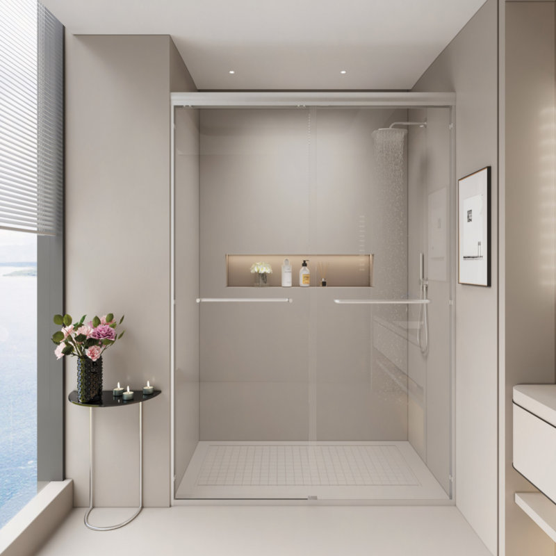 44-48" W X 72" H Double Sliding Shower Door, Semi-Frameless Bypass Bathroom Sliding Door With 1/4" (6Mm) Tempered Glass For Walk-In Shower