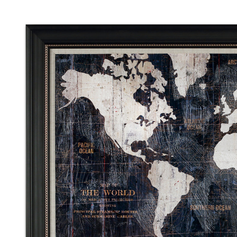 Ancienne carte du monde bleue Mehdi ‑ reproduction imprimée sur toile encadrée, Noir