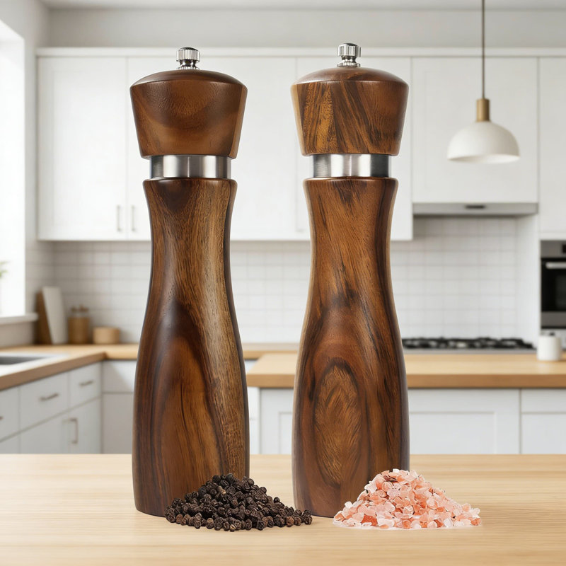 Ensemble de moulins à sel et à poivre en bois d'acacia de qualité supérieure avec noyau en céramique - grosseur réglable, moulins rechargeables, mécanisme en acier inoxydable, taille de 8 pouces