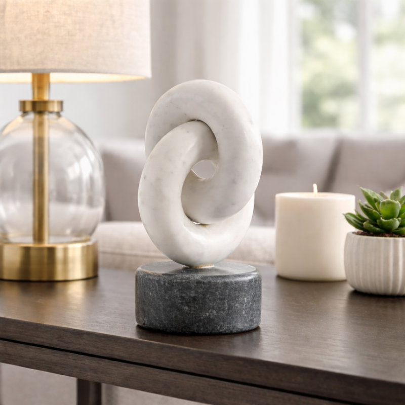 Modern Marble Link Figurine For Living Room Decoration - Decorative Statue For Shelf Accent Or Home Decor - 9", White & Gray