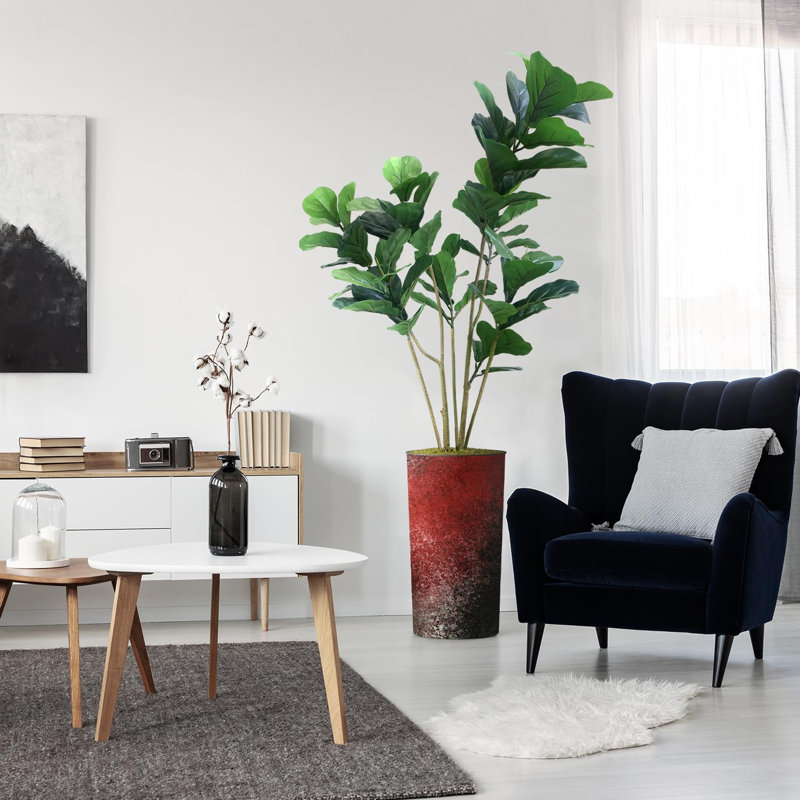 Arbre artificiel en pot moderne Ficus Lyrata, Granit rouge, H 66 po x l 13 po x P 13 po