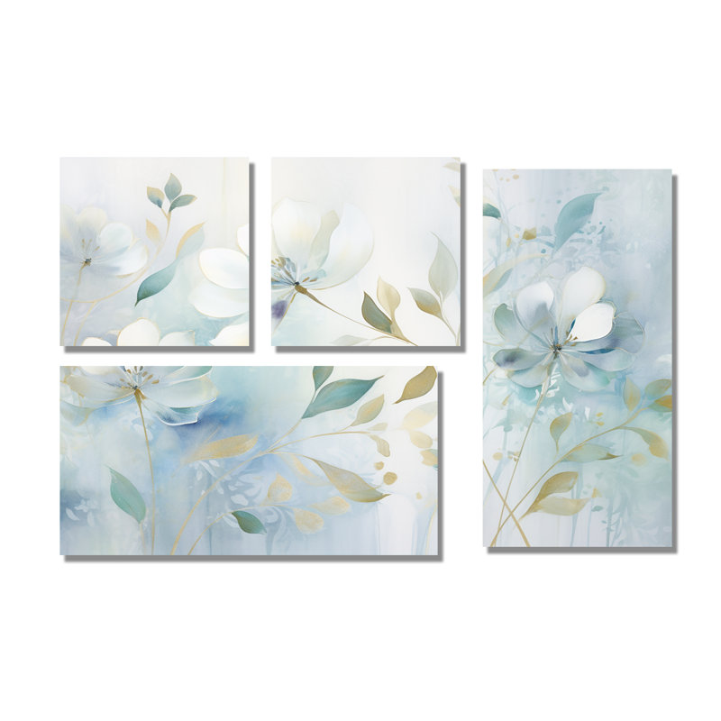Blue Botanical Rhythms I - Art mural bleu 4 panneaux, Toile tendue, Ne s’applique pas