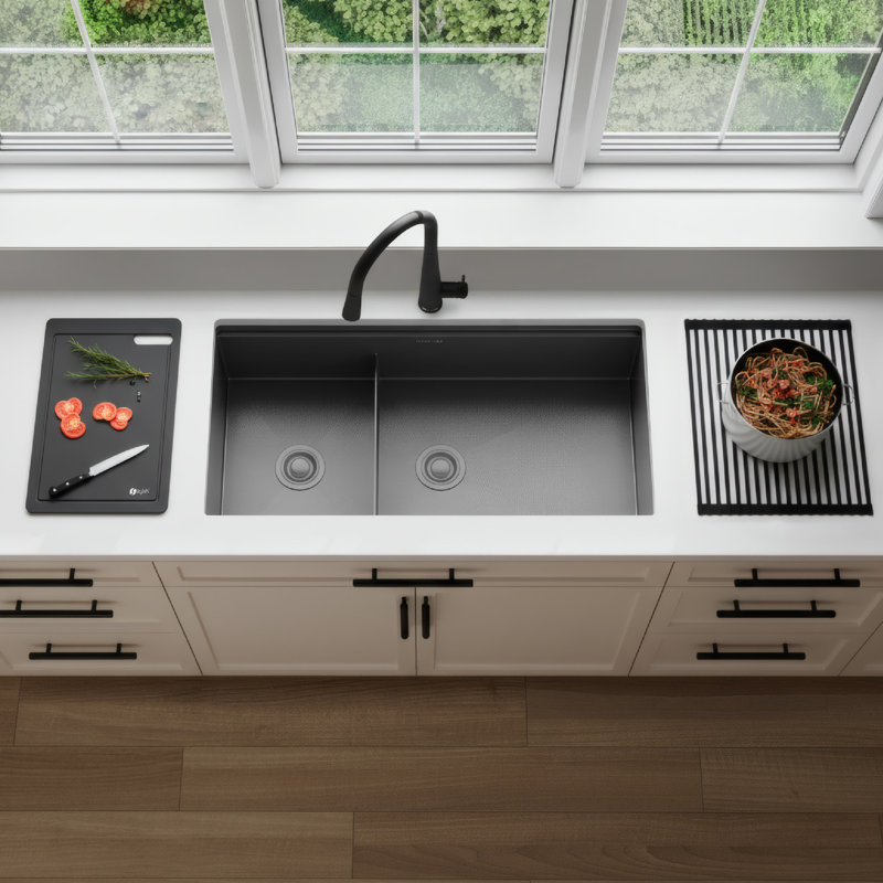 36 in. x 19 in. 16 Gauge, Stainless Steel, Nano Graphite Black Dura-Tek 60/40 Double Bowl Undermount Workstation Kitchen Sink with Built-In Accessories