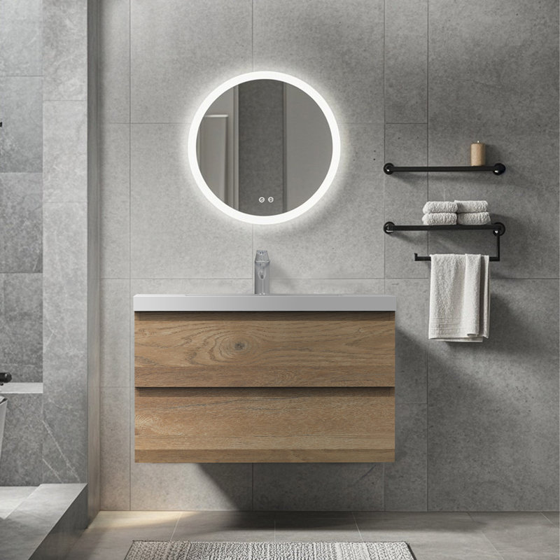36-Inch Wall-Mounted Floating Bath Vanity In Natural Oak With Single White Solid Surface Sink Top, Natural Oak
