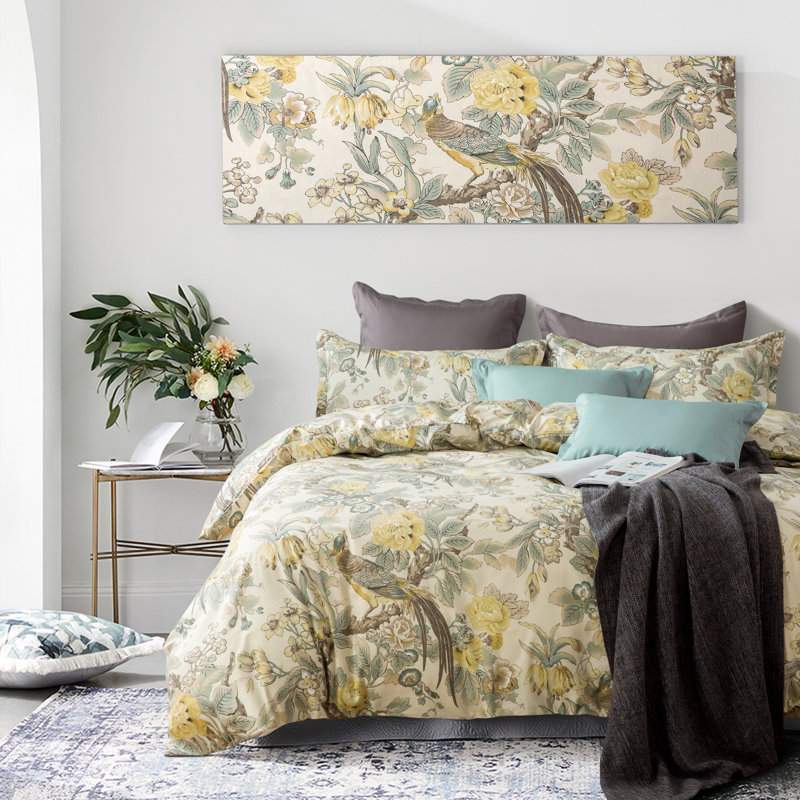 Chinoiserie Sateen Floral Duvet Cover, Twin Duvet Cover + 1 Standard Sham