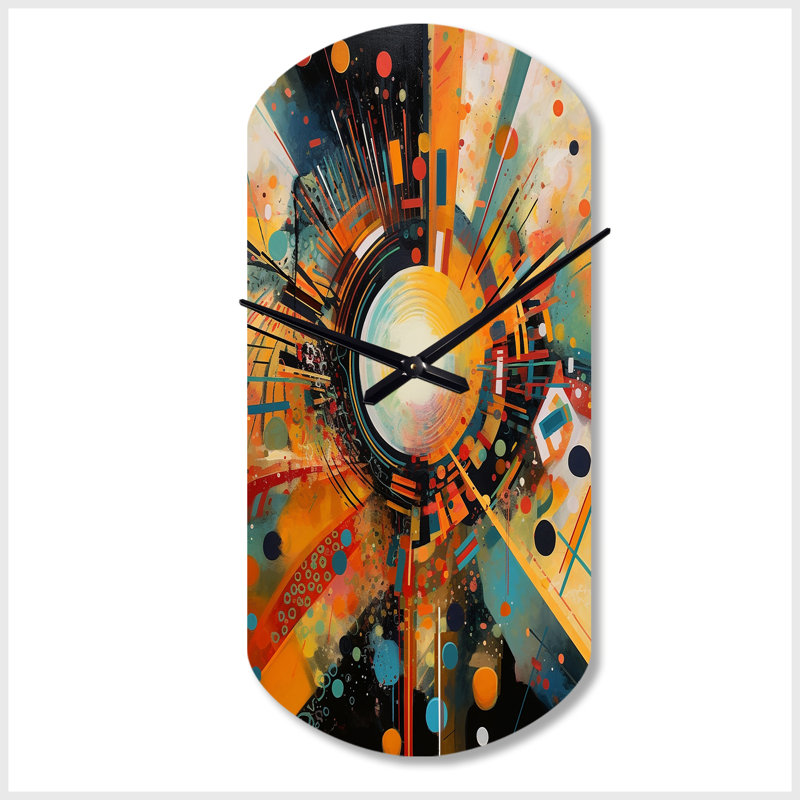 Orange Retro Vibe Background IV - Geometric Cylinder Metal Wall Clocks, Orange Asymmetrical Wall Clock Print, Small