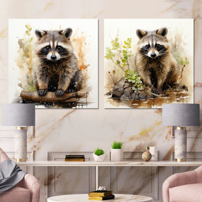 Raccoons Playful Explorer I - Raccoon Canvas Prints Set Of 2