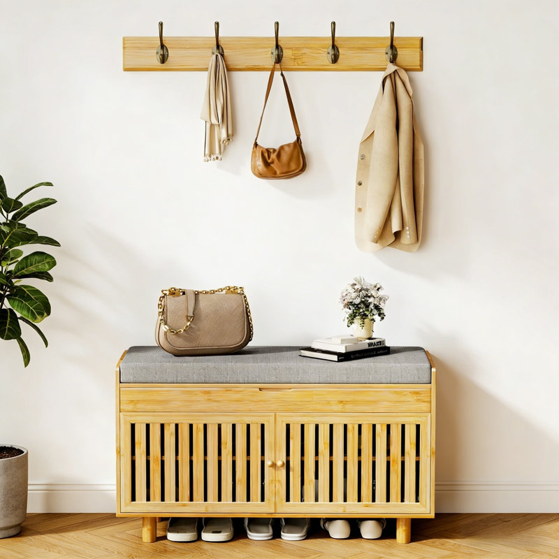 Bamboo Entryway Storage Bench With Dual Doors, Cushioned Seat & Wall-Mounted Shelf