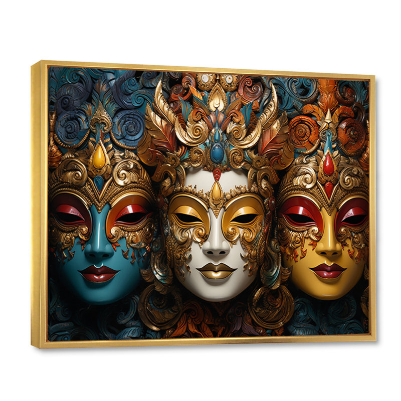 " Traditional Thai Masks ", 30" H x 40" W x 1.5" D, Gold Floater Framed