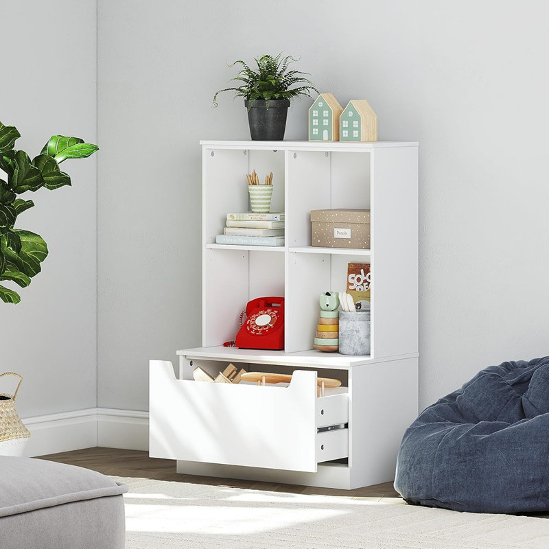 Bibliothèque pour tout-petits avec casiers, tablette réglable en bois avec tiroir pour la chambre à coucher, la salle de jeux ou la chambre de bébé - Blanc - Rangement multifonctionnel