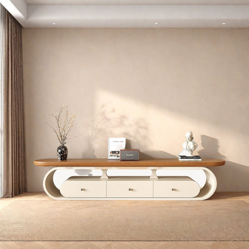 Meuble télé en bois massif avec grand tiroir de rangement, Blanc; Burlywood, 70.87"
