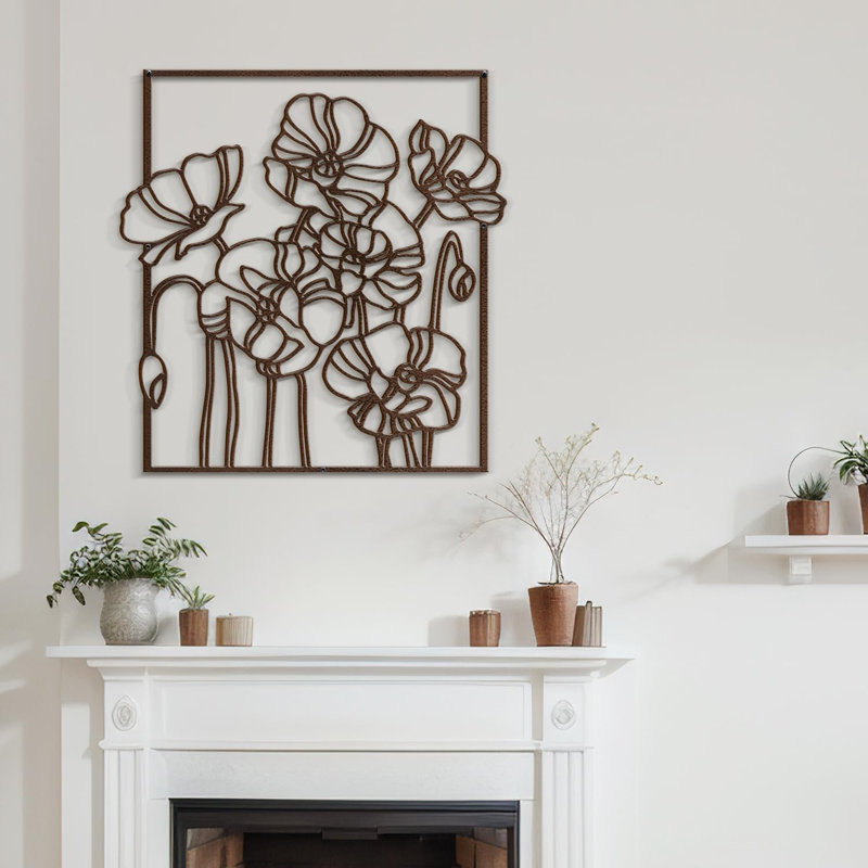 Abstract Floral Line Art Wall Decor Modern Abstract Wall Accent Sculpture Hanging Decoration Metal Wall Decor, Brown