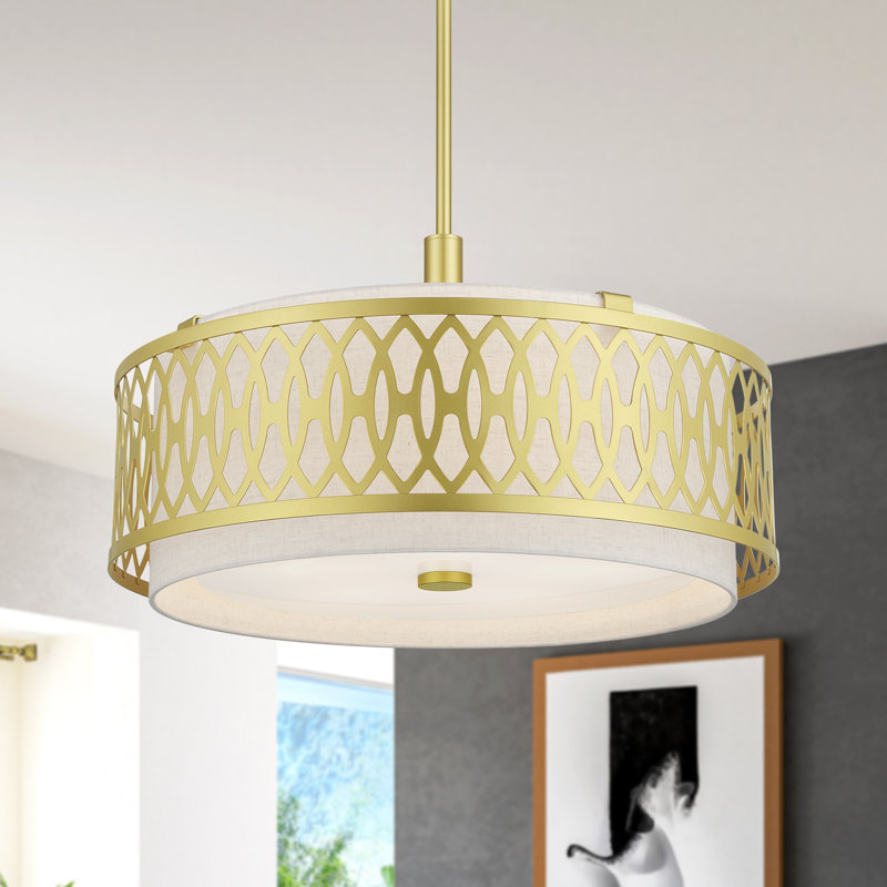 Lustre suspendu 4 lumières en bronze anglais avec abat-jour rigide en tissu couleur avoine fabriqué à la main, Or doux, 5