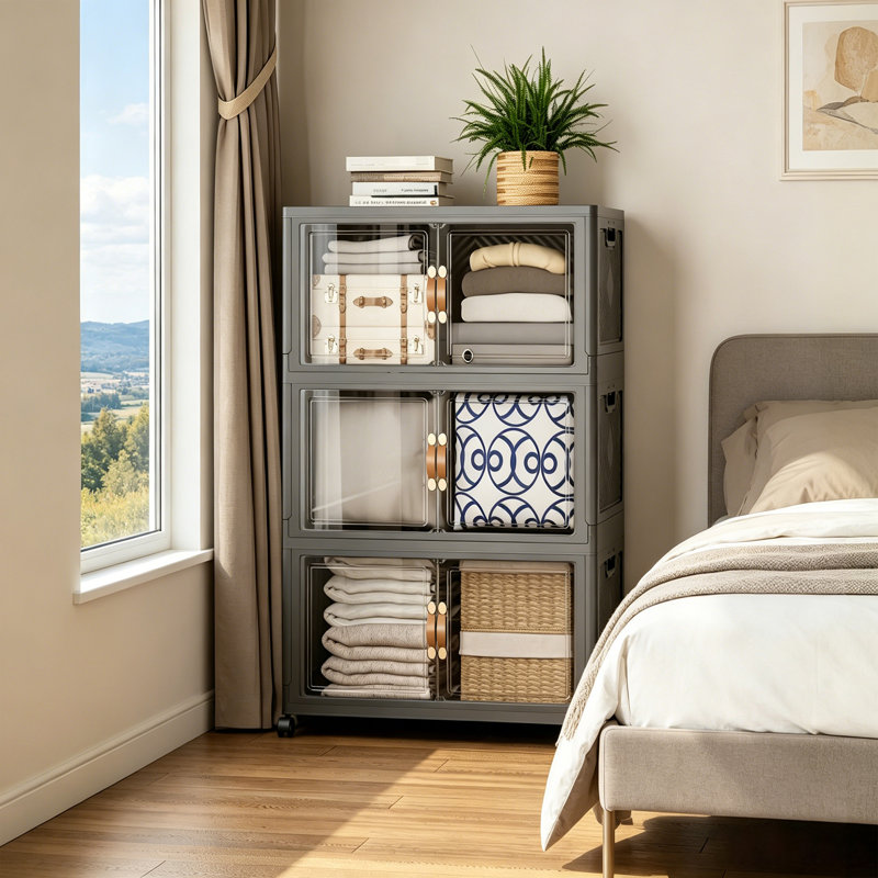 Très grands bacs de rangement en plastique pliables de 26 po de largeur et de 321 pte avec couvercles et portes avant, armoire de rangement à 3 niveaux - noir