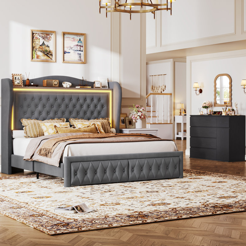 Ensemble de chambre à coucher 2 pièces Hosley, 1 lit plateforme tapissier avec tiroirs de rangement + 1 commode combinée avec 5 tiroirs et armoire