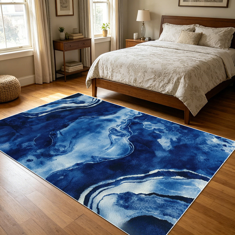 1PC Navy Blue White Fluid Marble Abstract Print area rugs for Living Room, Soft and Comfortable, Suitable for all seasons, easy-to-maintain, machine washable Indoor floor mat, Under Table Farmhouse suitable for dining room, bedroom, kitchen,
