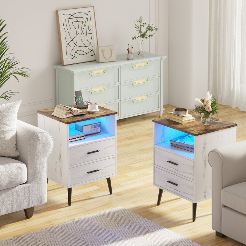17.7" W 2-Drawer LED Nightstand, White/Brown/Black