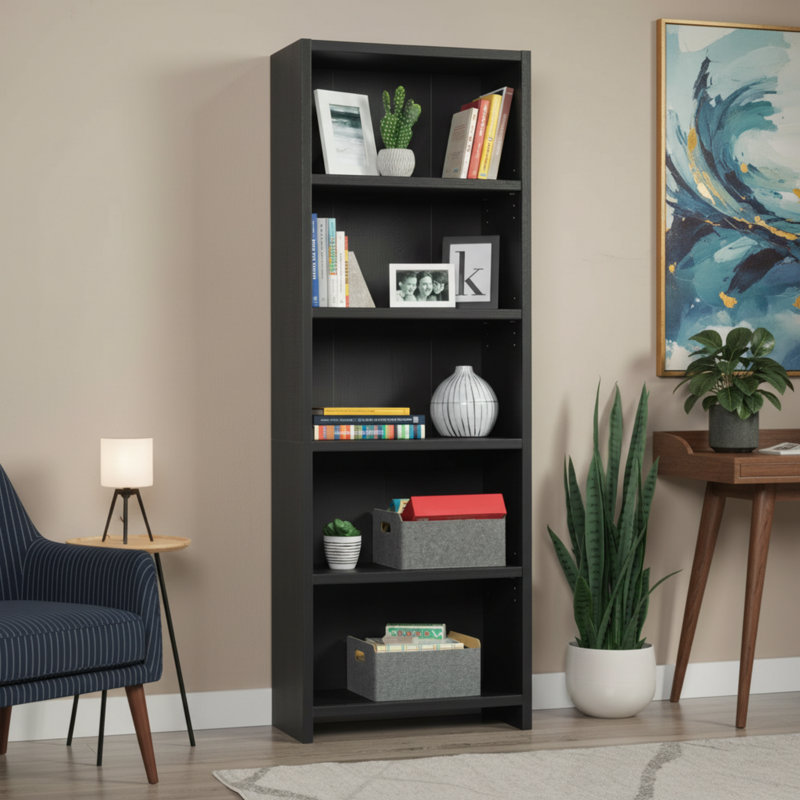 Une bibliothèque minimaliste à cinq niveaux avec une finition noire, soignée et organisée, offrant un rangement efficace.