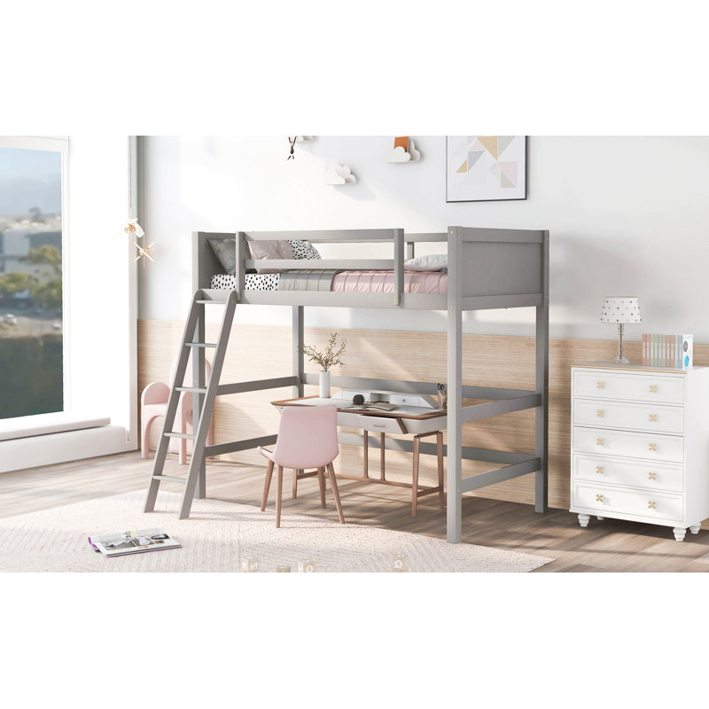Lit mezzanine simple en bois massif avec échelle