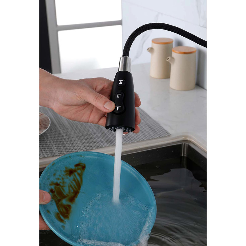 Robinet à poignée simple en acier inoxydable avec évier rétractable pour la cuisine, abat-jour noir mat, buse à grande arche rotative à 360 °, trois types de débit d'eau, jet, température et débit sans effort