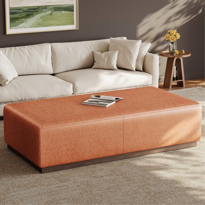 Cuir d'unité centrale brun et pieds en bois massif pour repose-pieds avec texture douce et chaleureuse, décorant l'intérieur de la maison