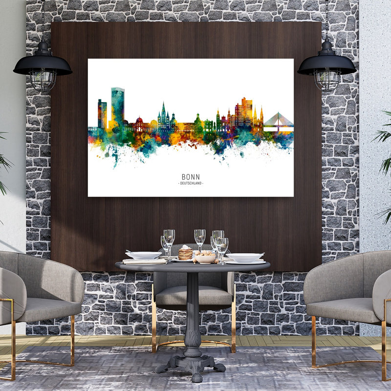 Affiche murale abstraite et colorée représentant la ligne d'horizon de Bonn, architecture contemporaine., H 40 po x l 60 po