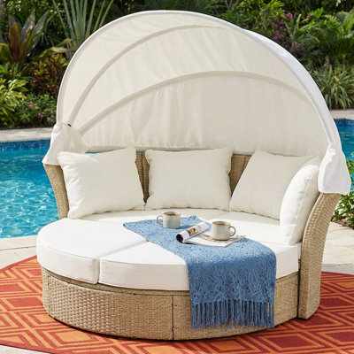 Lit de jour convertible en osier d'extérieur avec auvent, canapé-lit rond 2 en 1, parasol rétractable, coussins et coussins inclus, beige