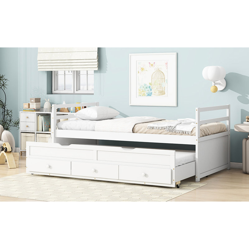 Lit simple blanc avec rangement et tiroirs - Conception classique pour une chambre à coucher confortable avec tête de lit en pin et lit gigogne