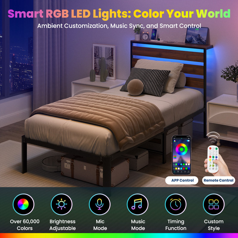 LED Bed Frame with Charging Headboard