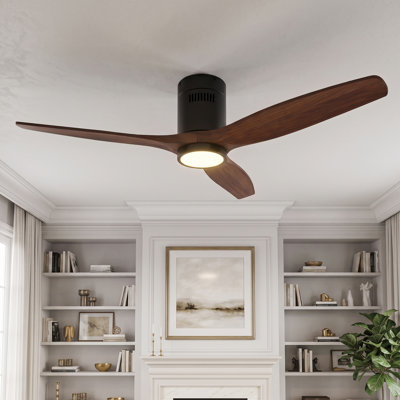 Ventilateur de plafond en bois massif 52 po, télécommande et contrôle mural, moteur DC réversible silencieux à débit d'air élevé jusqu'à 5600 + CFM, montage encastré pour pièce à profil bas