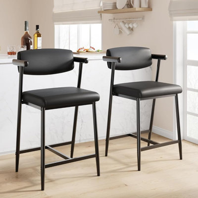 Black Bar Stools Set of 2, 26.5" Counter Height with Armrests & Footrest, 300Lbs Capacity, Upholstered Thick Cushion Bar Chairs for Kitchen/Bar