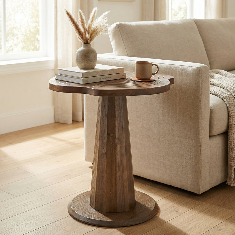 Solid Wood End Table, 19" Round Pedestal With Tree-Ring Patterns