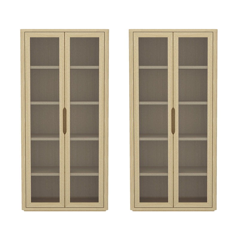 Bibliothèque moderne à 5 tablettes H 79 po x l 38 po avec portes en verre Rivington, Chêne naturel