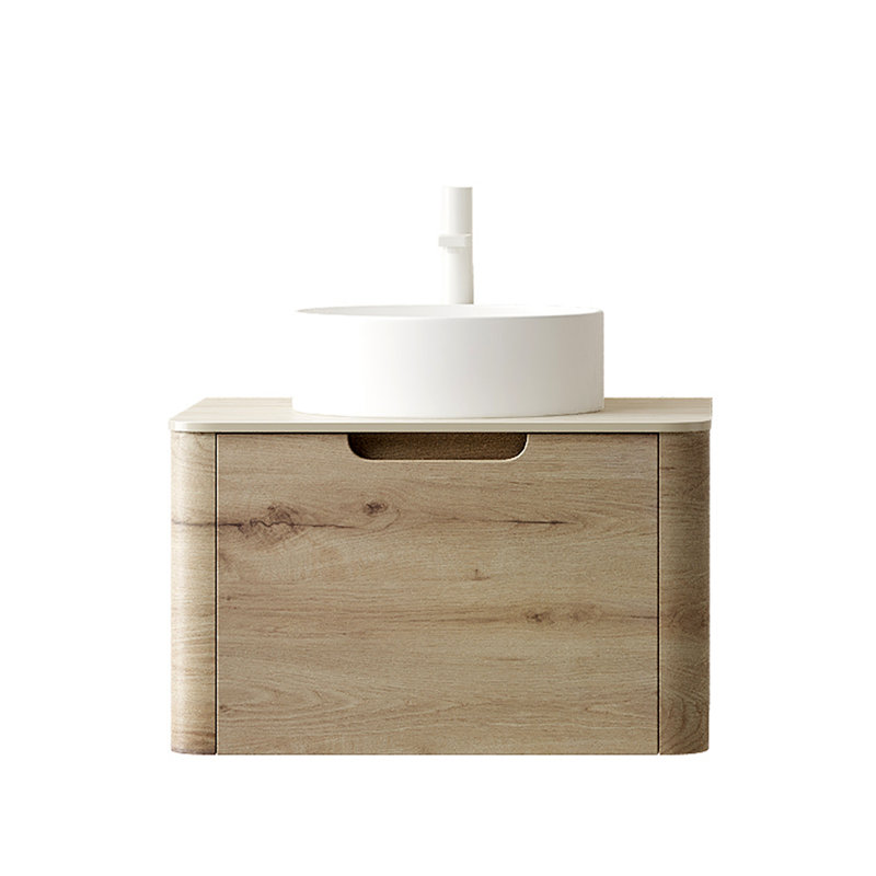 Meuble-lavabo 24 po avec lavabo, armoire de rangement murale en contreplaqué avec tiroir rond en céramique et plateau en pierre frittée à motif de travertin Roma pré-assemblé
