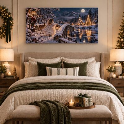 " Girl And Deer On Snowy Bridge To Lit Village Christmas "