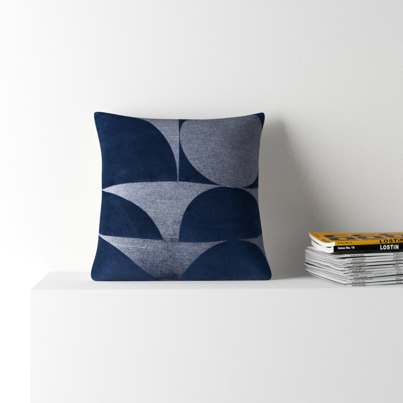 20" Navy Blue Cotton Embroidered Geometric Throw Pillow