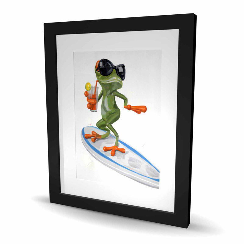 «Funny Frog Surfing», reproduction encadrée mat pour décor de chambre d'enfant, H 20 po x l 16 po