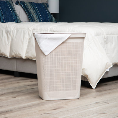  Slim Laundry Hamper, Clothes Basket, Lid, Linen Design, Plastic