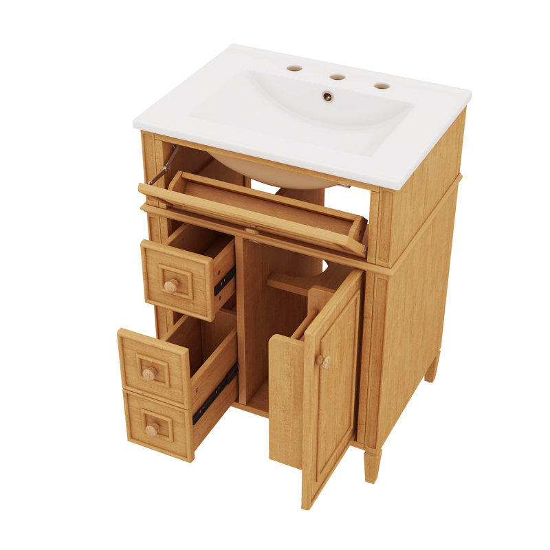 Meuble-lavabo de 24 po avec lavabo, meuble-lavabo en bois avec tiroir rabattable et 2 tiroirs à fermeture en douceur