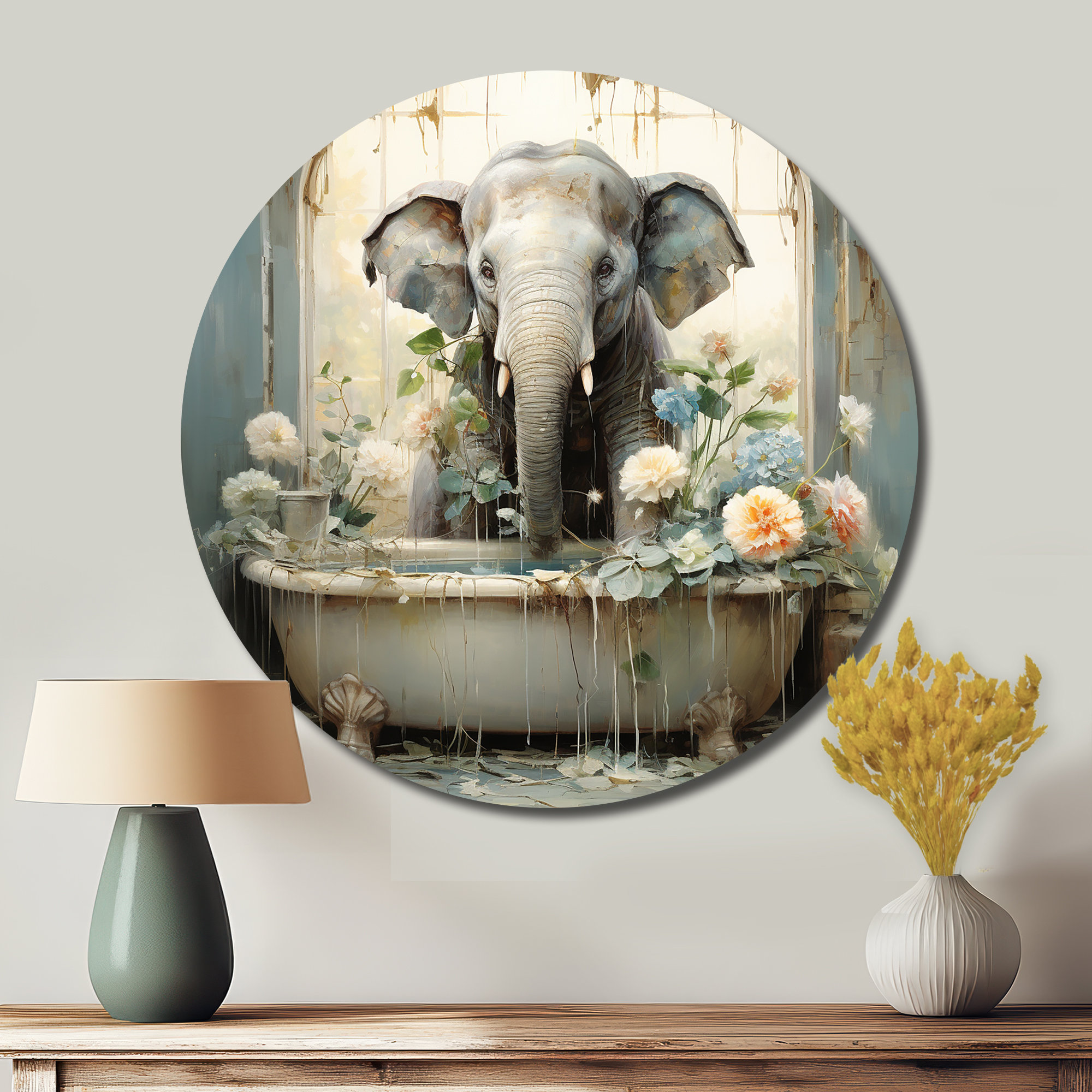 Trinx Bathroom Elephant Escape III - Humor Round Metal Art | Wayfair