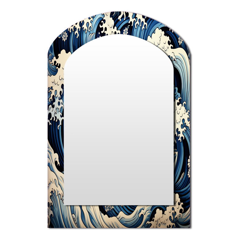 Vagues japonaises dans une tempête I - miroir mural à arche tropicale côtière, miroir décoratif asymétrique blanc, impression sur métal