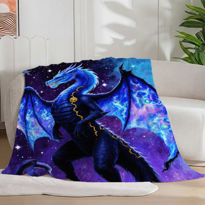 Couverture en flanelle de dragon bleu majestueux 1pc, motif étoilé cosmique doux avec des ailes bleu électrique, cadeau idéal pour les amateurs de fantaisie, pour canapé / lit / voyage, 60 * 80