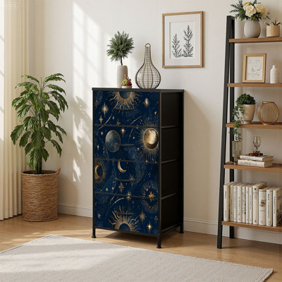 4 Drawer Vertical Storage Dresser Night sky Moon Gold celestial seamless Tender universe with Wood Top Fabric Pull Drawers
