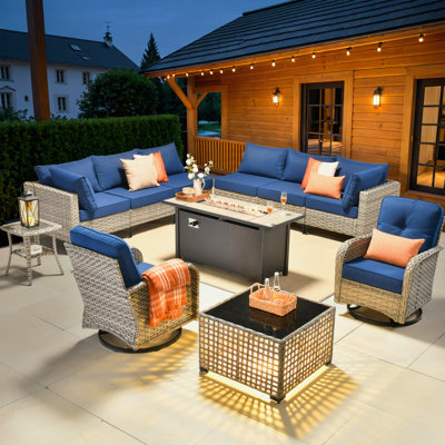 Emroy 8 - Person Reversible Modular Outdoor Conversation Set,Wicker Patio Seating Group with Lighted Coffee Table, All Weather Swivel Chair Set with Cushions