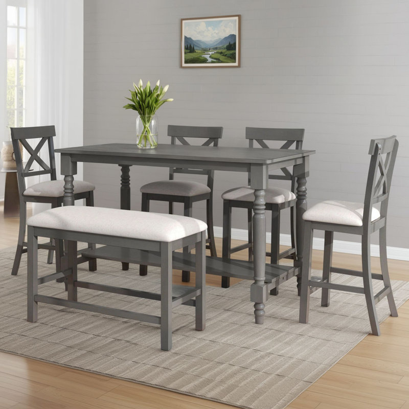 Ensemble de table de salle à manger 6 pièces gris (hauteur de comptoir), avec tablettes pour plus de rangement, 4 chaises + 1 ensemble de banc adapté pour un repas avec plusieurs personnes