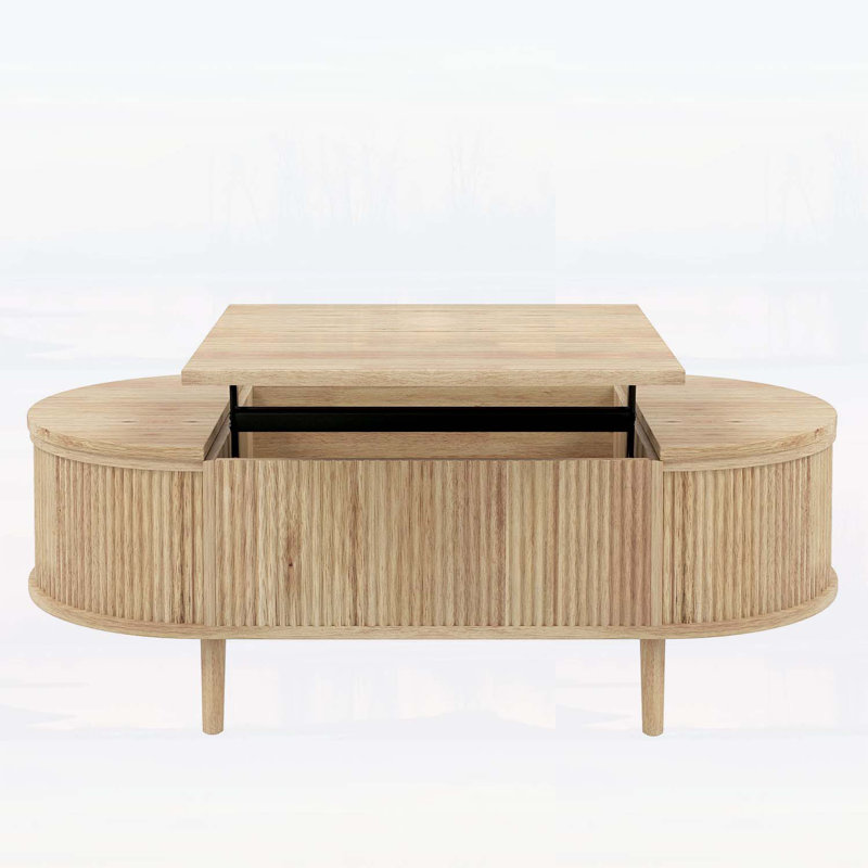Table basse ovale à plateau relevable avec rangement dissimulé, parfaite pour les espaces de vie modernes et polyvalents.
