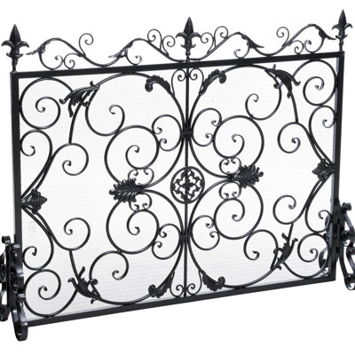 Black Iron Fireplace Partition With Intricate Design, 45.77" X 9.94" 34.2", Separates Space Stylishly Wrought Protector Ornate Ornament, Finish, 10" D 44" W 35.5" H, Adds Style To Area