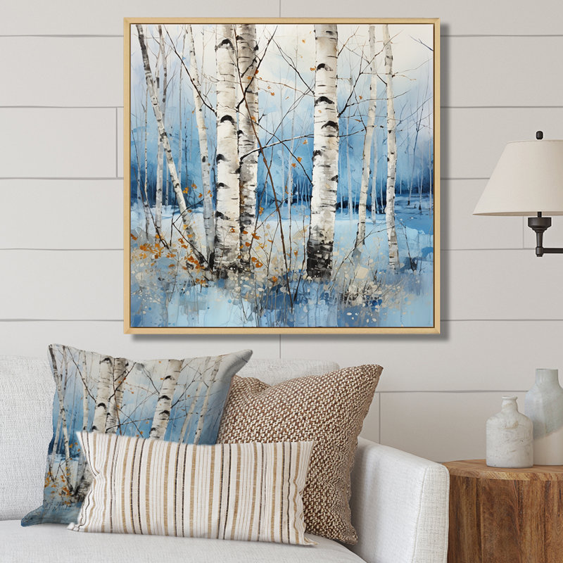 Bouleau blanc et bleu en hiver I - reproduction, H 16 po x l 16 po x P 1 po, Cadre naturel flottant